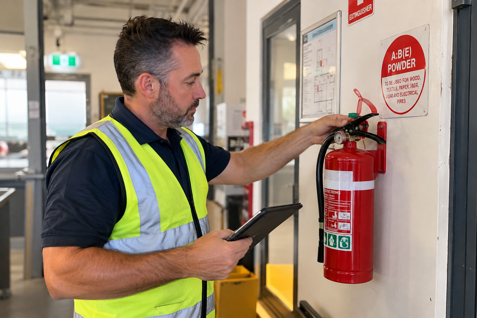 Fire extinguisher inspection in a workplace