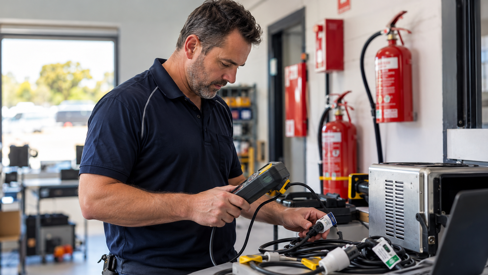 Electrical appliance being tested and tagged in a workplace