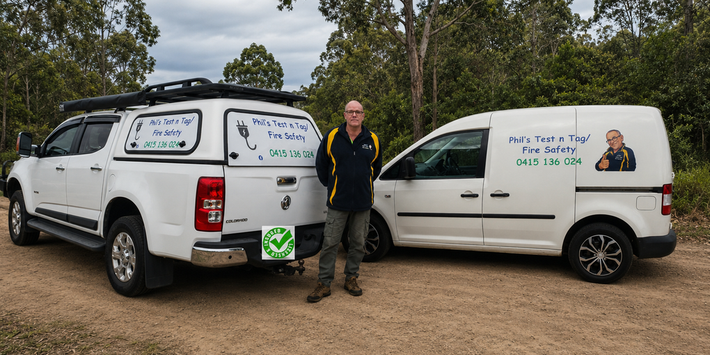 Phil with his branded Test n Tag / Fire Safety vehicles
